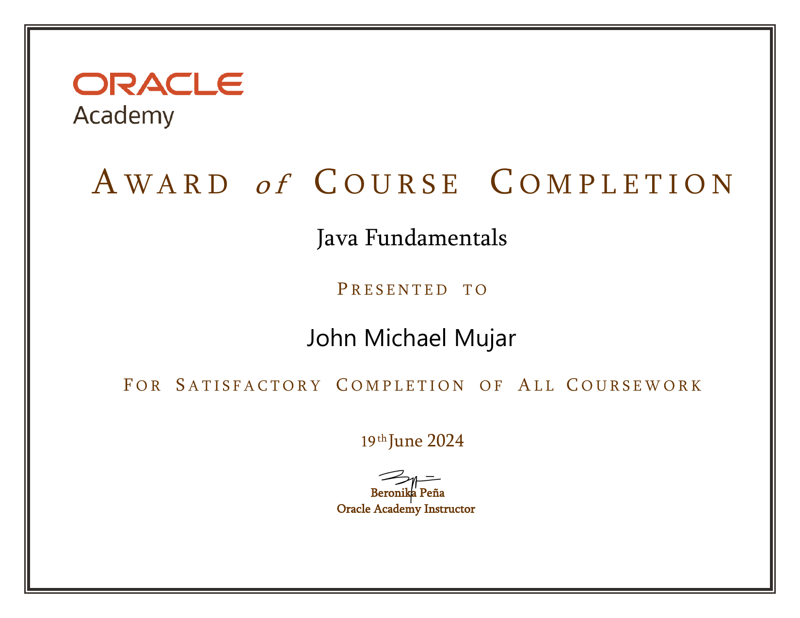 Java Fundamentals Certificate
